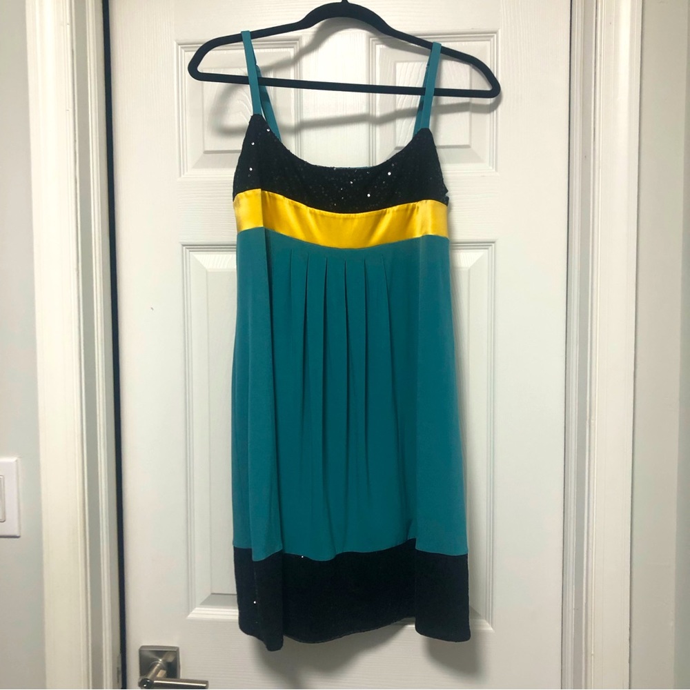 Sean John Teal Black Sequence & Yellow party Cocktail Mini Dress Size 8